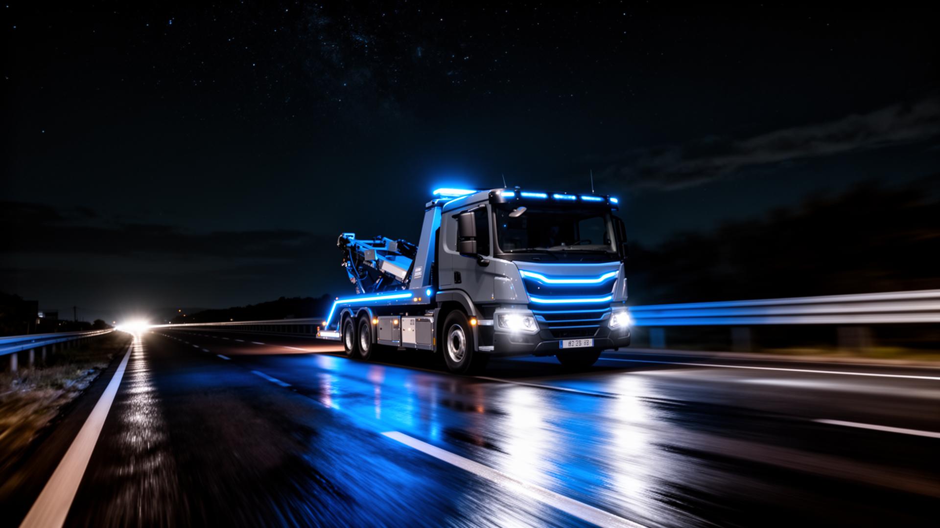 Professional tow truck on highway at night